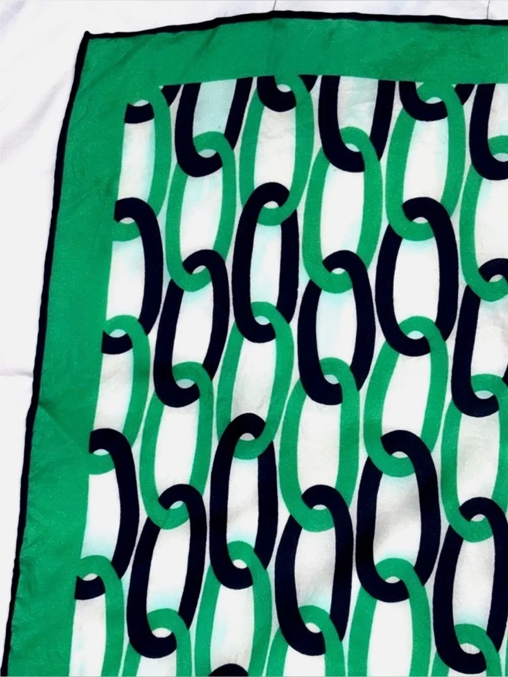 Vintage Jean Été Chain Print Square Scarf Green Navy Mod Preppy Silk Feel